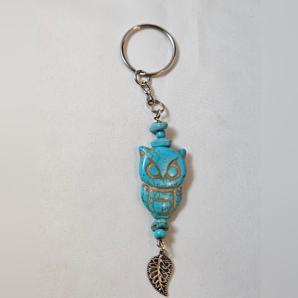 Hand Crafted Turquoise Owl Keychain with Silver Leaf Charm